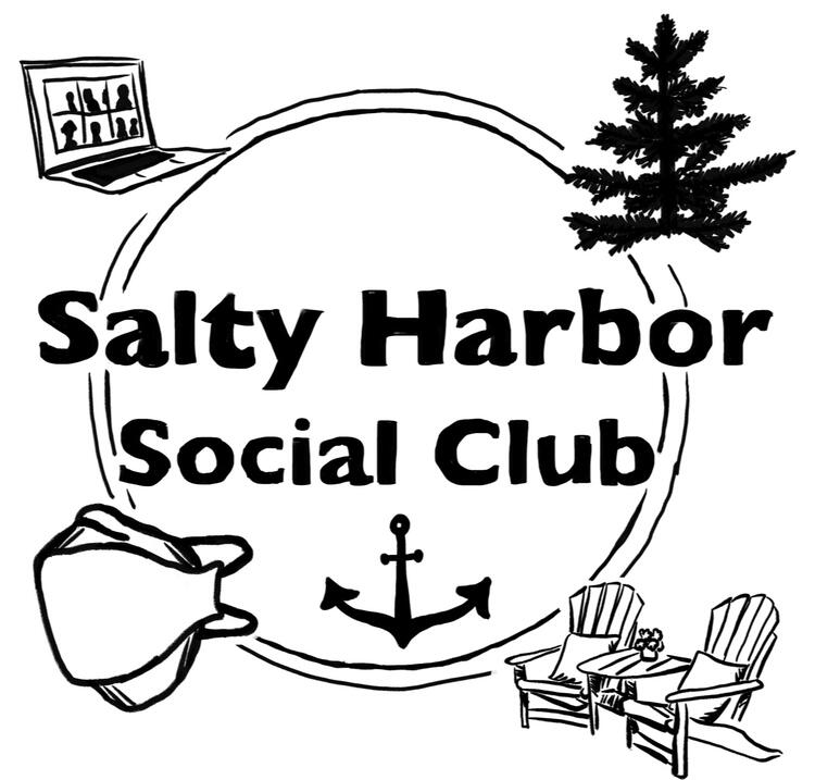 Image shows circle logo with "Salty Harbor Social Club" text with images of an anchor, an N95 mask, a laptop with video chat, a tree, and some patio chairs.